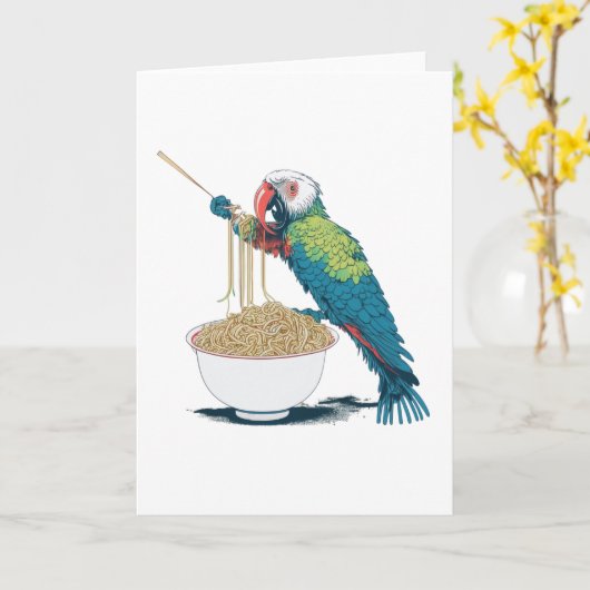 Grappige papegaai eten Ramen Noedels met stokjes Kaart (Gele Bloem)