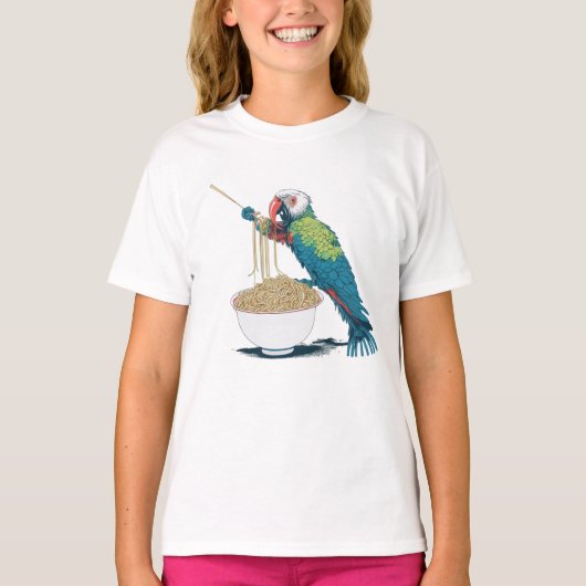 Grappige papegaai eten Ramen noedels T-shirt (Voorkant)