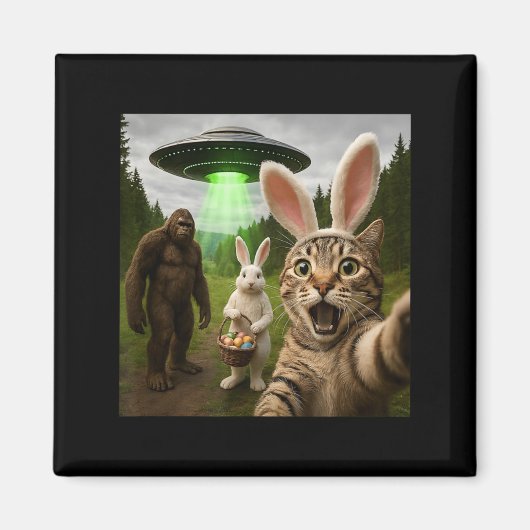 Grappige Pasen Kat Selfie met Konijn Bigfoot UFO Magneet (Voorkant)