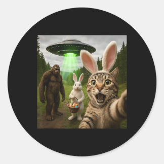 Grappige Pasen Kat Selfie met Konijn Bigfoot UFO Ronde Sticker