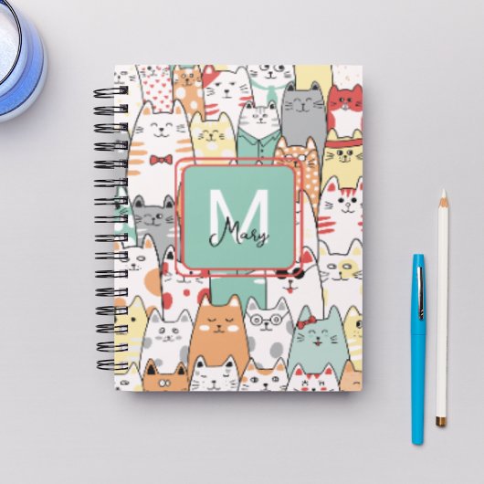 Grappige pastel katten terug naar school monogram  notitieboek