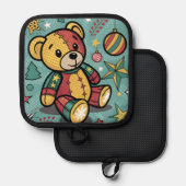 Grappige Patchwork Kerst Teddy Bear Pannenlap (Voorkant / Achterkant)