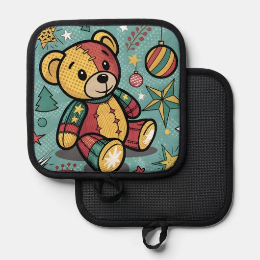 Grappige Patchwork Kerst Teddy Bear Pannenlap (Voorkant / Achterkant)