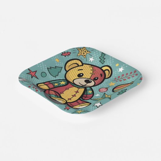 Grappige Patchwork Kerst Teddy Bear Papieren Bordje (Gebogen)