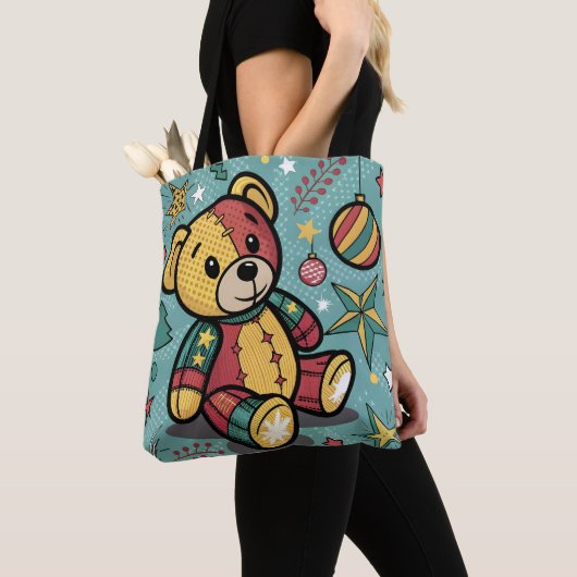 Grappige Patchwork Kerst Teddy Bear Tote Bag (Dichtbij)