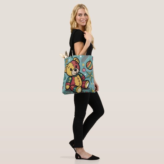 Grappige Patchwork Kerst Teddy Bear Tote Bag (Op model)
