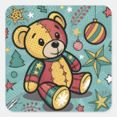 Grappige Patchwork Kerst Teddy Bear Vierkante Sticker (Voorkant)