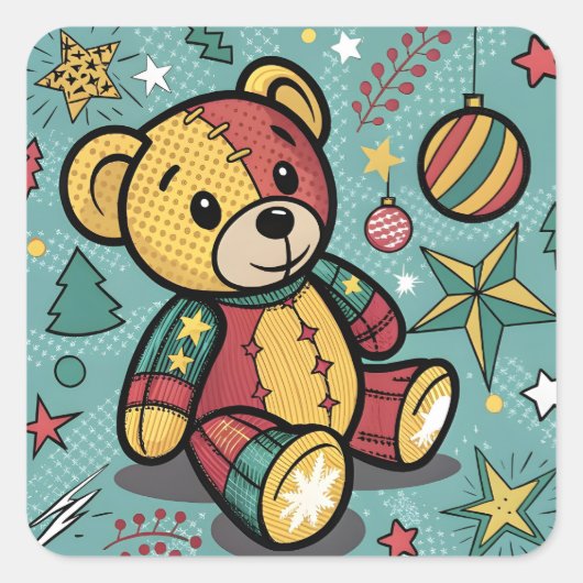 Grappige Patchwork Kerst Teddy Bear Vierkante Sticker (Voorkant)