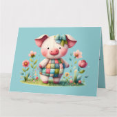 Grappige patchwork varken in bloementuin bedankkaart (Voorkant)