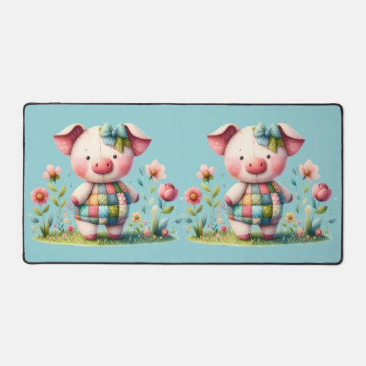 Grappige patchwork varken in bloementuin bureaumat (Voorkant)