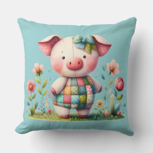 Grappige patchwork varken in bloementuin kussen (Voorkant)