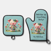 Grappige patchwork varken in bloementuin ovenwant & pannenlap set (Voorkant)