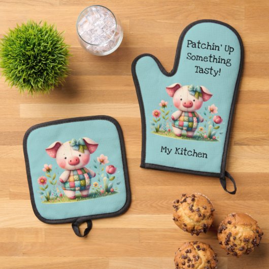 Grappige patchwork varken in bloementuin ovenwant & pannenlap set (Top down)