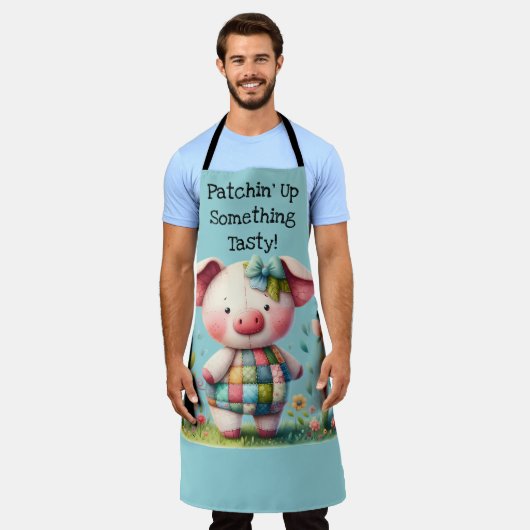 Grappige patchwork varken in bloementuin schort (Gedragen)