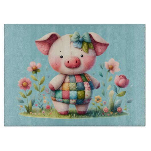 Grappige patchwork varken in bloementuin snijplank (Voorkant)