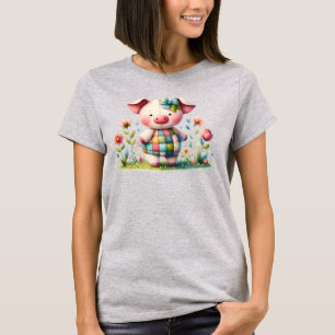 Grappige patchwork varken in bloementuin t-shirt