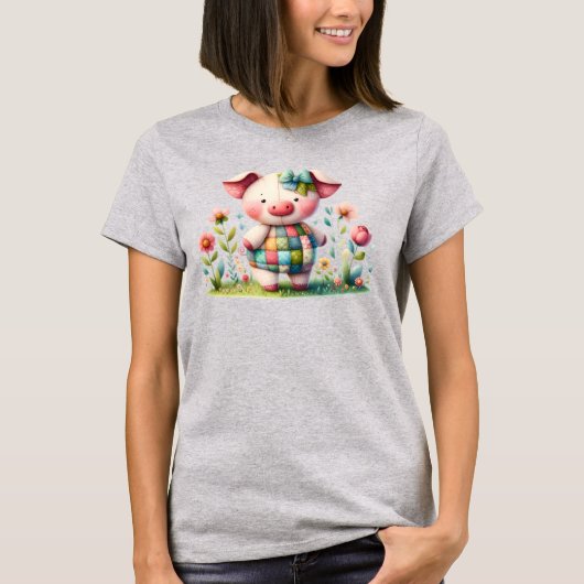 Grappige patchwork varken in bloementuin t-shirt (Voorkant)