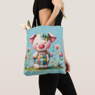 Grappige patchwork varken in bloementuin tote bag