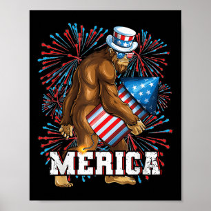 Grappige Patriot Sasquatch Bigfoot Vuurwerk Zonneb Poster