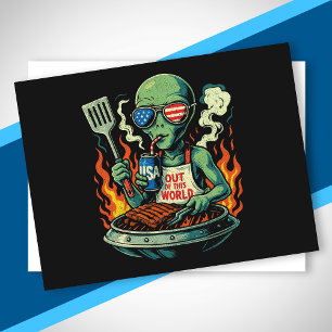 Grappige Patriotische Alien Grillende Retro Amerik Feestdagenkaart