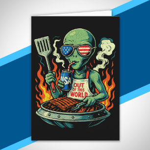 Grappige Patriotische Alien Grillende Retro Amerik Kaart