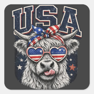 Grappige Patriottische Hoogland Koe VS Vier Juli Vierkante Sticker
