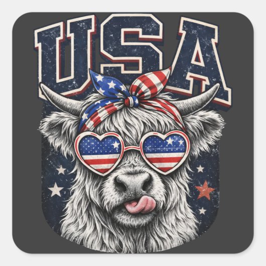 Grappige Patriottische Hoogland Koe VS Vier Juli Vierkante Sticker (Voorkant)
