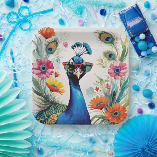 Grappige Pauw Dragen Zonnebril Bloemen Papieren Bordje (Feest)