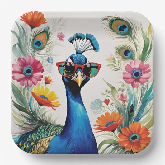 Grappige Pauw Dragen Zonnebril Bloemen Papieren Bordje (Voorkant)
