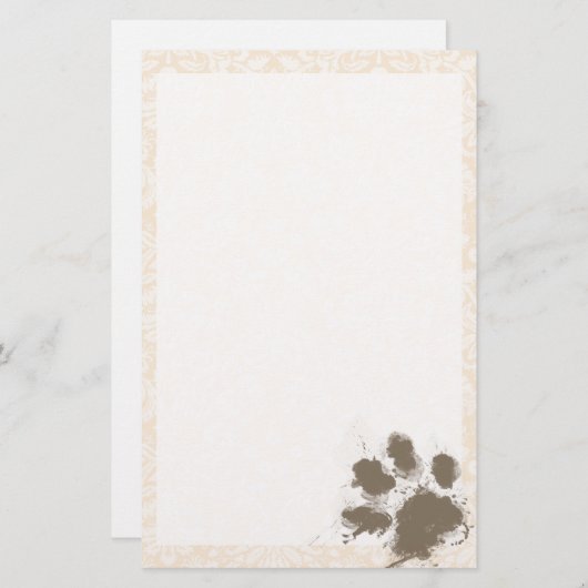 Grappige Paw Print op Antiek witte Damask Briefpapier (Voorkant / Achterkant)