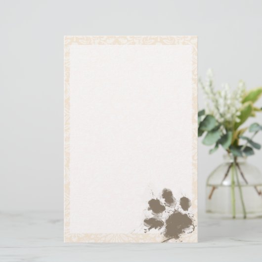 Grappige Paw Print op Antiek witte Damask Briefpapier (Staand voorkant)