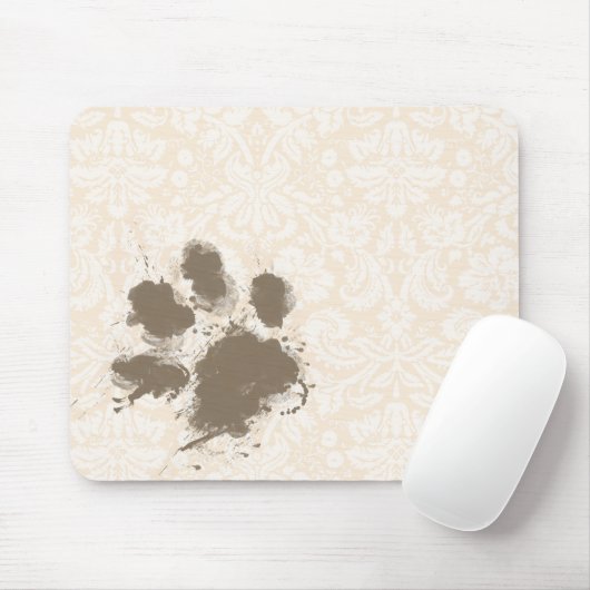 Grappige Paw Print op Antiek witte Damask Muismat (Met muis)