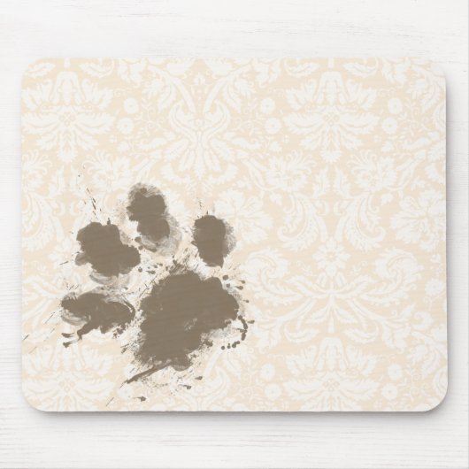 Grappige Paw Print op Antiek witte Damask Muismat (Voorkant)