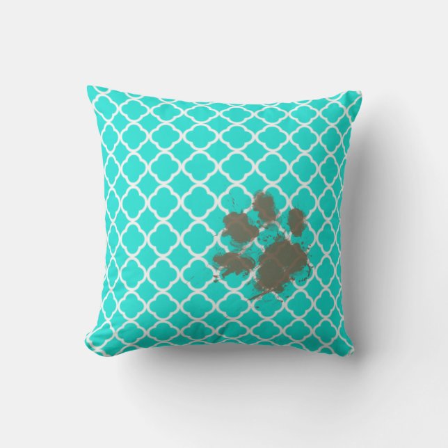 Grappige Paw Print op Aqua Color Quatrefoil Kussen (Voorkant)