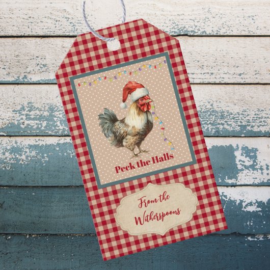 Grappige Peck the Halls Rooster Kerstboerderij Cadeaulabel