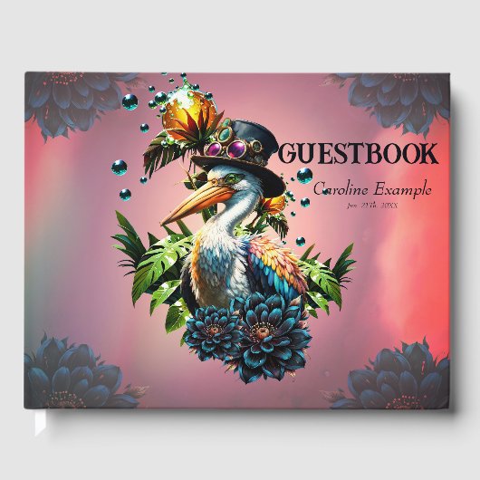 Grappige pelikaan met steampunk pet en tropische f gastenboek (Voorkant)