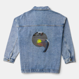 Grappige pelikaan vangt tennisbal, denim jas jacket