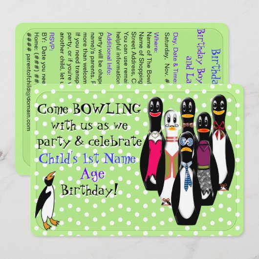Grappige Penguin Bowling verjaardagsfeestje gepers Kaart (Voorkant / Achterkant)