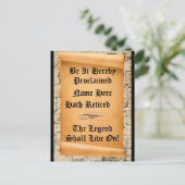 Grappige Pensioenaankondiging oude boekrol Briefkaart (Staand voorkant)