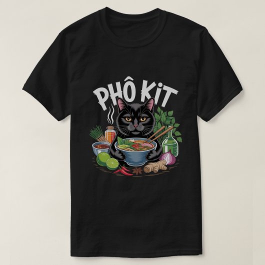 Grappige “Phô Kit” Zwarte Kat T-Shirt (Design voorkant)