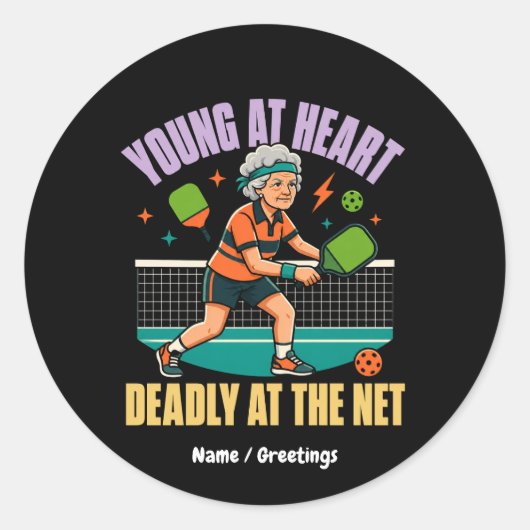 Grappige Pickleball Oma Jong van Hart Dodelijk Net Ronde Sticker (Voorkant)