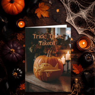 Grappige Piloot Vliegtuig op Pompoen Halloween Fot Kaart