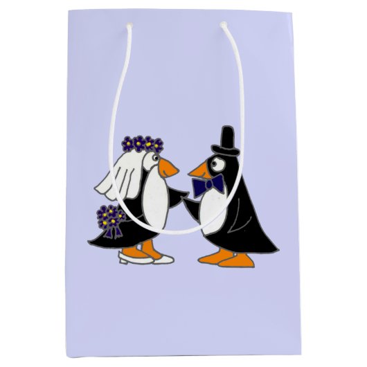 Grappige pinguïn bruid en bruidegom cadeau tas medium cadeauzakje (Voorkant)