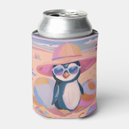 Grappige pinguïn op het strand koelbox blikjeskoeler (Blikje Voorkant)