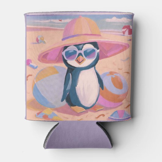 Grappige pinguïn op het strand koelbox blikjeskoeler (Voorkant)