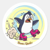Grappige pinguïn op rolschaatsen ronde sticker (Voorkant)