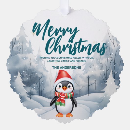 Grappige Pinguïn Vrolijke Kerstboom Sneeuw Vakanti Ornament Kaart (Voorkant)
