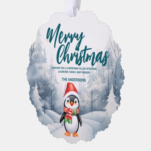 Grappige Pinguïn Vrolijke Kerstboom Sneeuw Vakanti Ornament Kaart (Links)