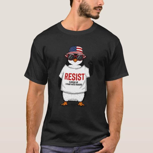 Grappige pinguïn weerstaat flippers up protest teg t-shirt (Voorkant)