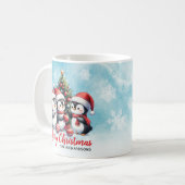 Grappige pinguïns blauw en rood vrolijk kerstfeest koffiemok (Voorkant links)